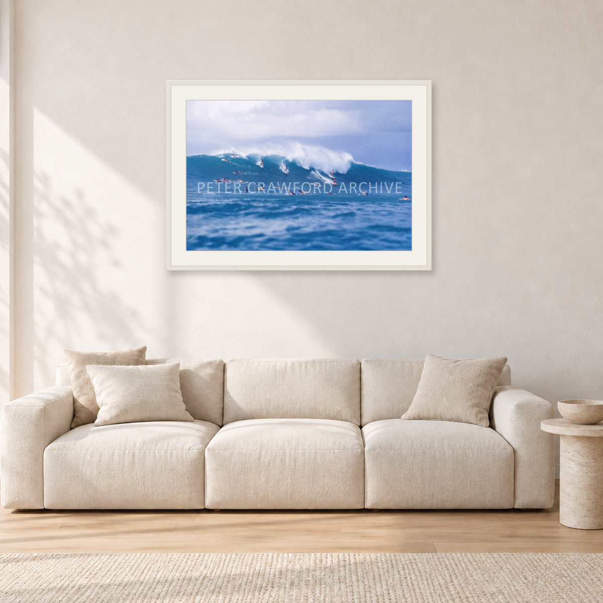 Composition Sunset, 1987 by Peter Crawford — 90 × 60 cm, white frame with white mat, shown in a light minimalist living room.