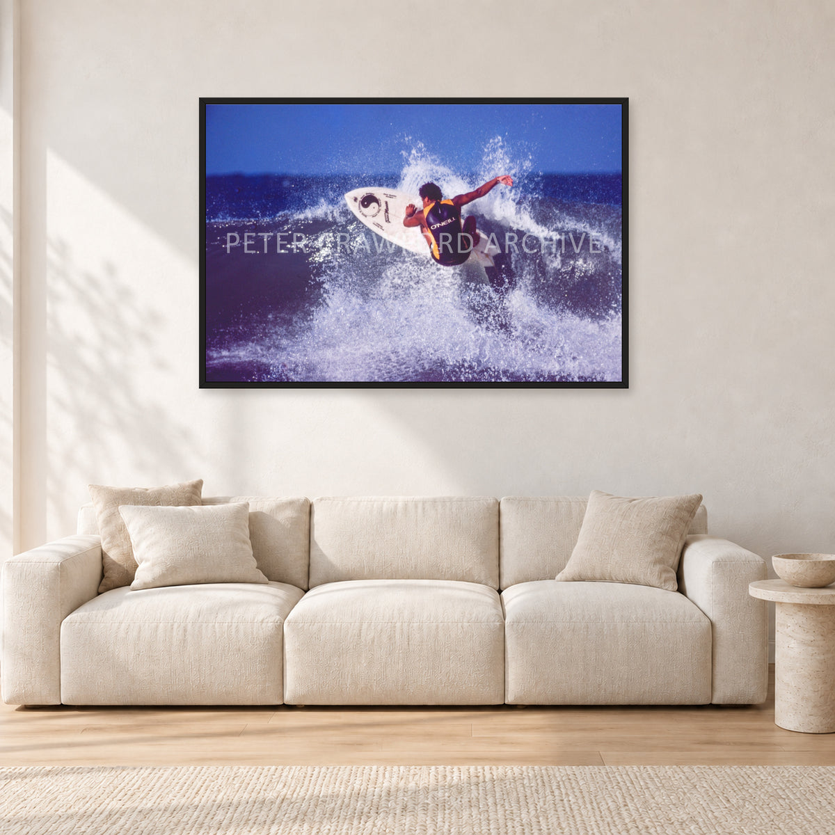 Dane Kealoha, Off The Wall 1977 by Peter Crawford — 120 × 80 cm, black frame, shown in a light minimalist living room.