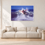 Dane Kealoha, Off The Wall 1977 by Peter Crawford — 120 × 80 cm, white frame, shown in a light minimalist living room.
