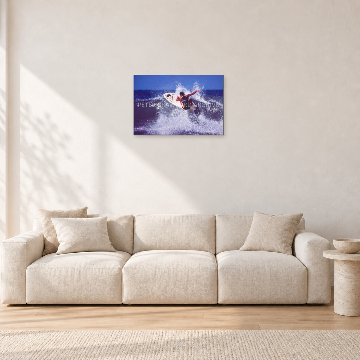 Dane Kealoha, Off The Wall 1977 by Peter Crawford — 60 × 40 cm, aluminium-mounted resin print, shown in a light minimalist living room.