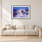 Dane Kealoha, Off The Wall 1977 by Peter Crawford — 90 × 60 cm, black frame with white mat, shown in a light minimalist living room.