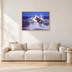 Dane Kealoha, Off The Wall 1977 by Peter Crawford — 90 × 60 cm, hayseed frame, shown in a light minimalist living room.