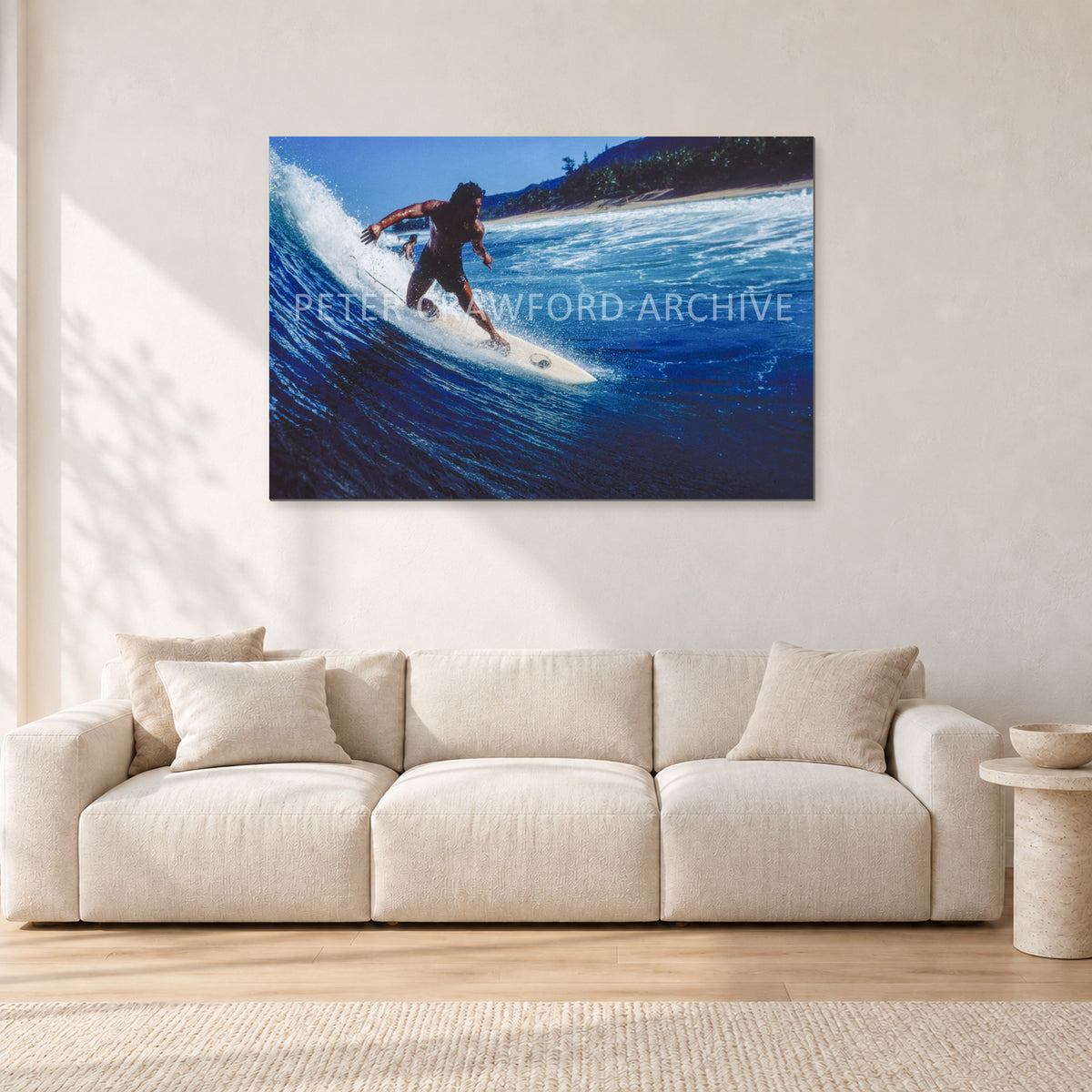 Dane Kealoha, Off The Wall 1978 by Peter Crawford — 120 × 80 cm, aluminium-mounted resin print, shown in a light minimalist living room.