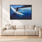 Dane Kealoha, Off The Wall 1978 by Peter Crawford — 120 × 80 cm, black frame, shown in a light minimalist living room.