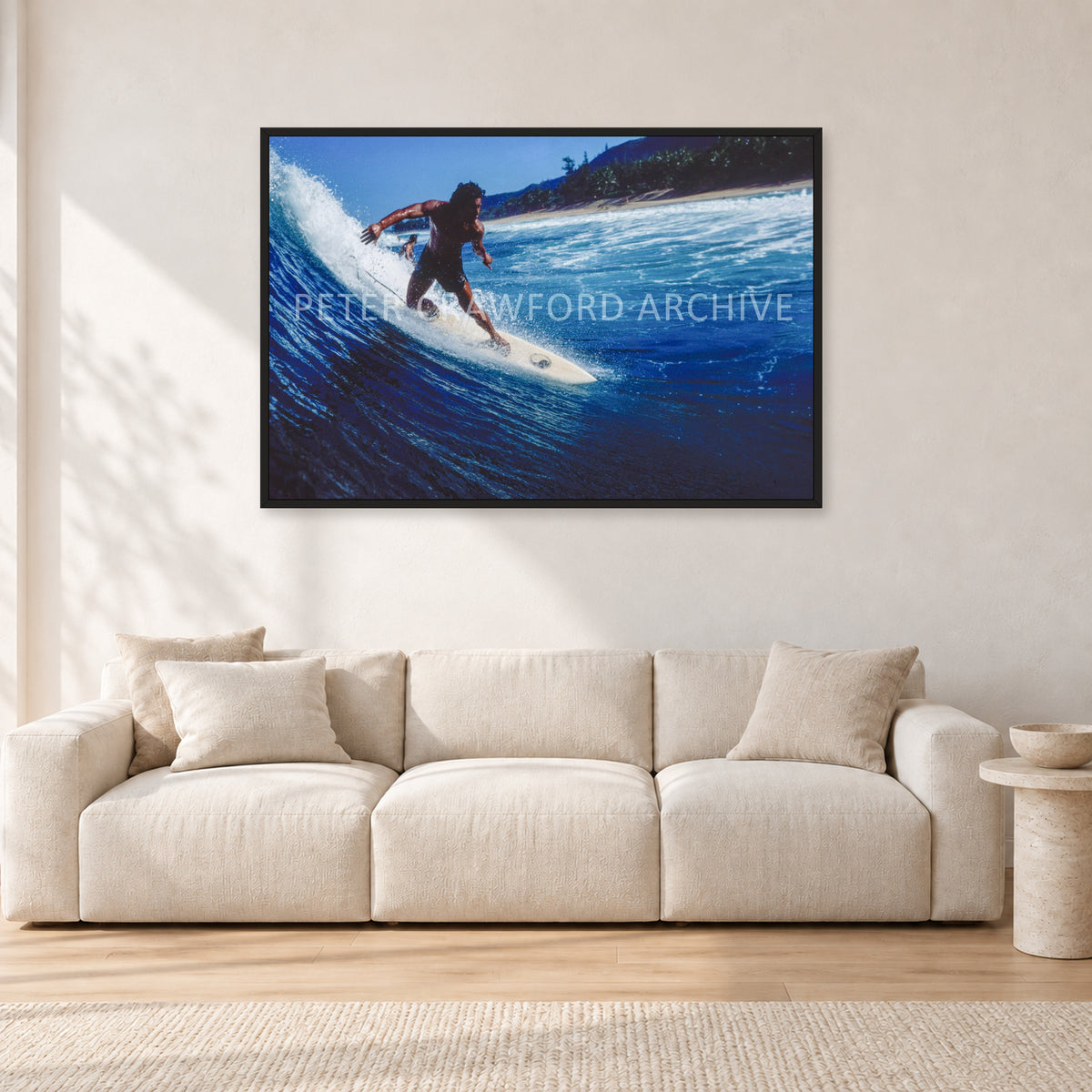 Dane Kealoha, Off The Wall 1978 by Peter Crawford — 120 × 80 cm, black frame, shown in a light minimalist living room.