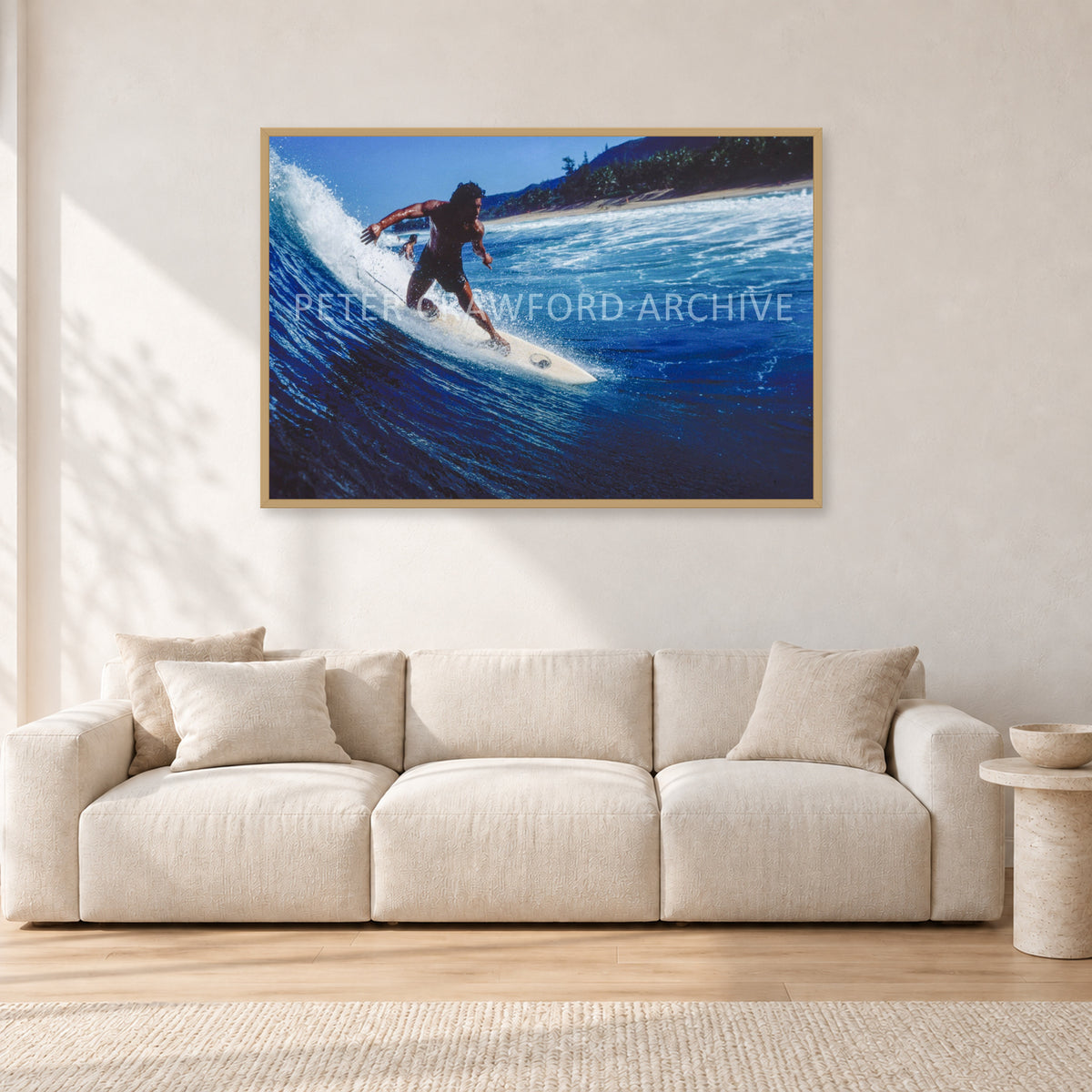 Dane Kealoha, Off The Wall 1978 by Peter Crawford — 120 × 80 cm, hayseed frame, shown in a light minimalist living room.
