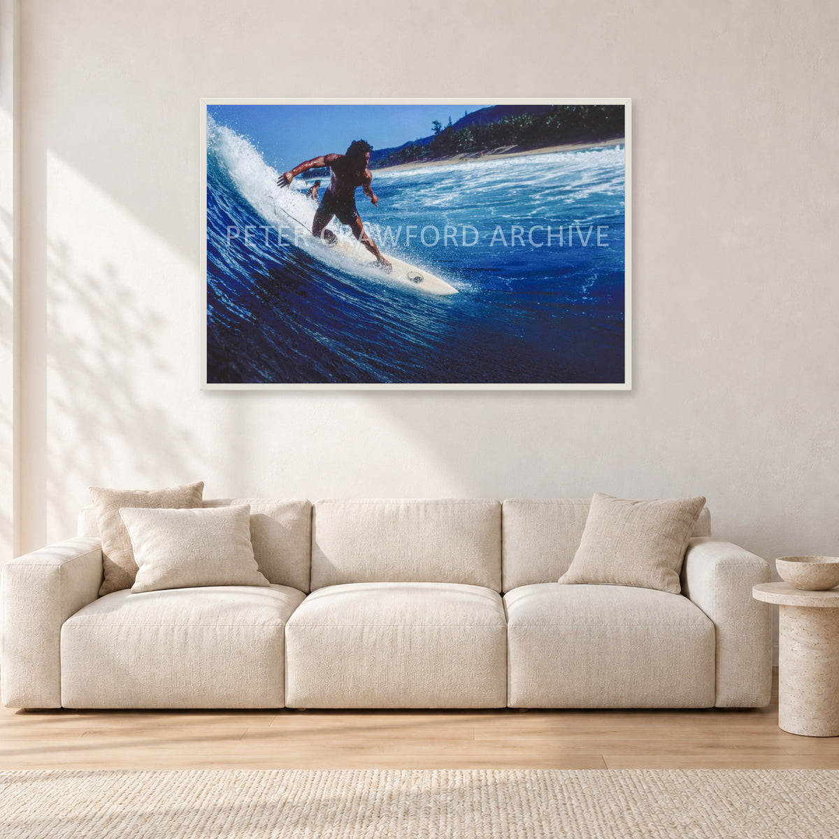 Dane Kealoha, Off The Wall 1978 by Peter Crawford — 120 × 80 cm, white frame, shown in a light minimalist living room.