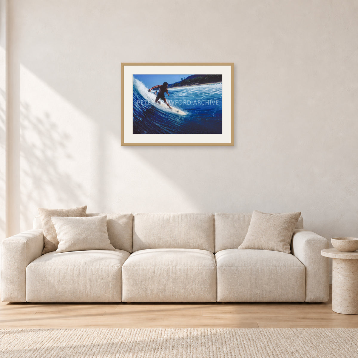 Dane Kealoha, Off The Wall 1978 by Peter Crawford — 60 × 40 cm, hayseed frame with white mat, shown in a light minimalist living room.