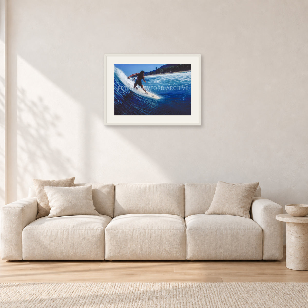 Dane Kealoha, Off The Wall 1978 by Peter Crawford — 60 × 40 cm, white frame with white mat, shown in a light minimalist living room.