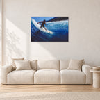 Dane Kealoha, Off The Wall 1978 by Peter Crawford — 90 × 60 cm, aluminium-mounted resin print, shown in a light minimalist living room.