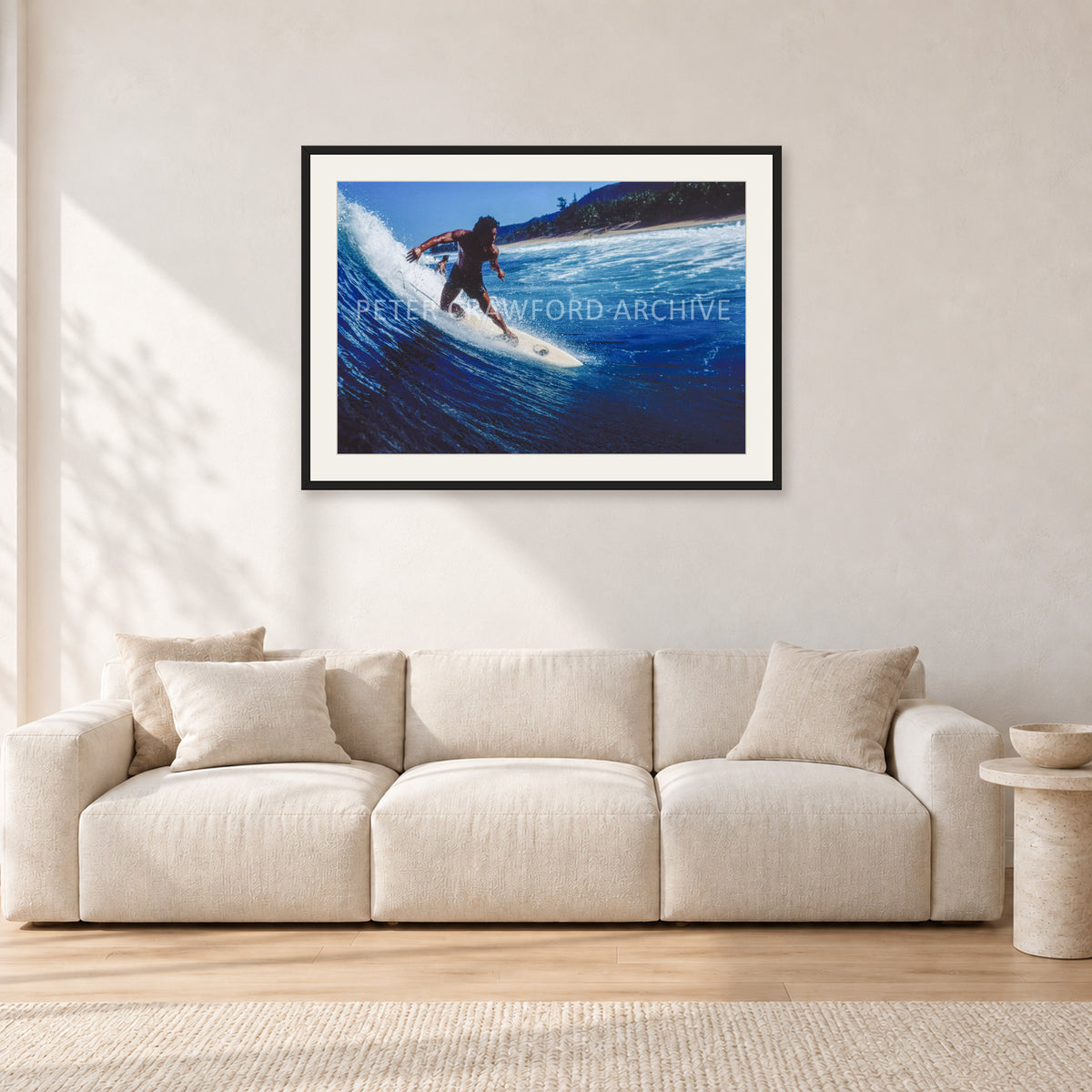 Dane Kealoha, Off The Wall 1978 by Peter Crawford — 90 × 60 cm, black frame with white mat, shown in a light minimalist living room.