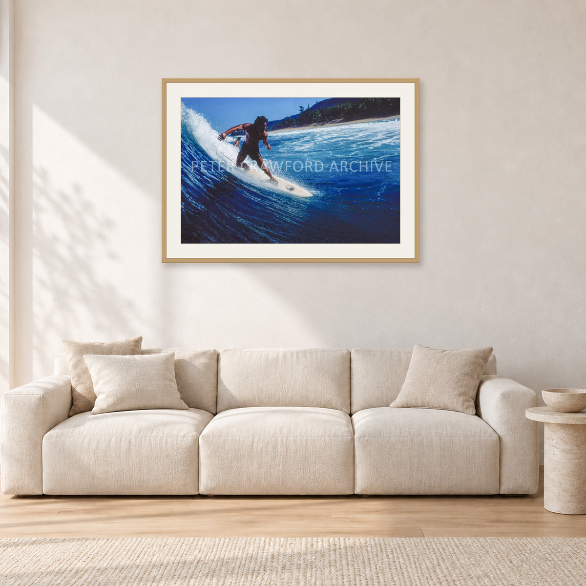 Dane Kealoha, Off The Wall 1978 by Peter Crawford — 90 × 60 cm, hayseed frame with white mat, shown in a light minimalist living room.