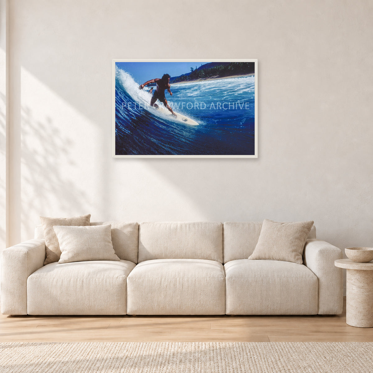 Dane Kealoha, Off The Wall 1978 by Peter Crawford — 90 × 60 cm, white frame, shown in a light minimalist living room.