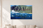 Dane Kealoha, West Side Oahu by Peter Crawford — 120 × 80 cm, aluminium-mounted resin print, shown in a light minimalist living room.