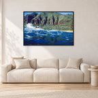 Dane Kealoha, West Side Oahu by Peter Crawford — 120 × 80 cm, black frame, shown in a light minimalist living room.