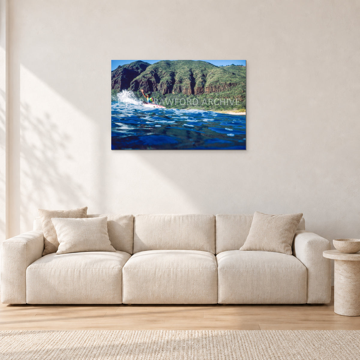 Dane Kealoha, West Side Oahu by Peter Crawford — 90 × 60 cm, aluminium-mounted resin print, shown in a light minimalist living room.