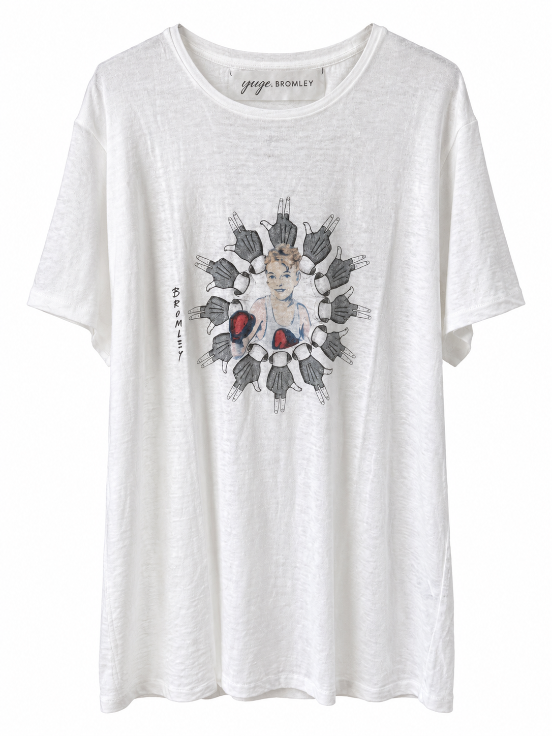 David Bromley Boxer white 100% linen T-shirt on a white background