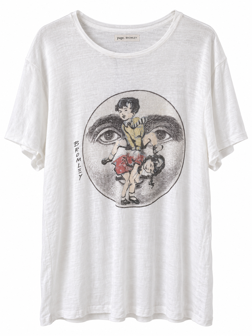 David Bromley Leapfrog white 100% linen T-shirt with illustrated children and face print on a white background