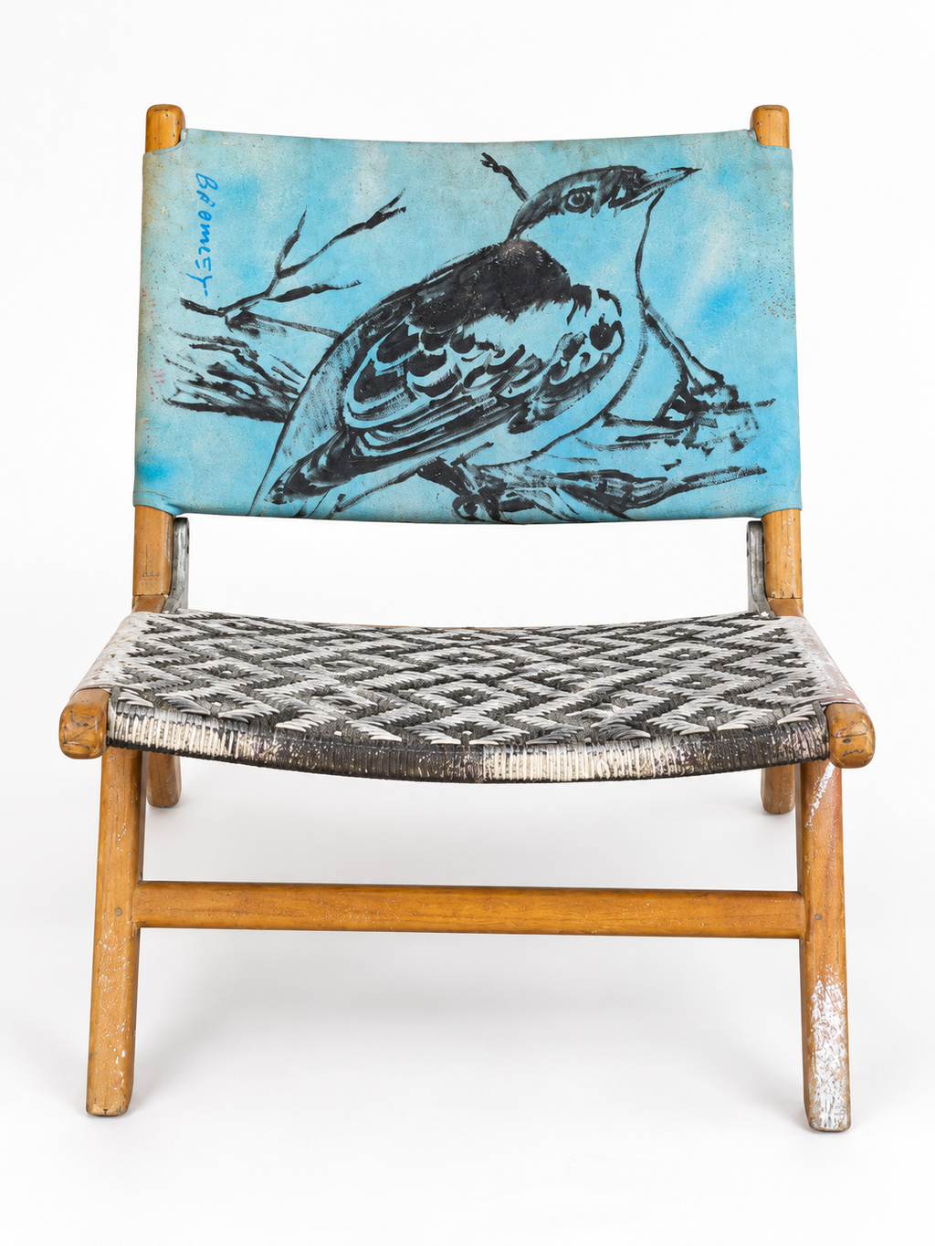 David Bromley Bird Chair 2 front view with a right-facing bird on a turquoise backrest and geometric woven seat
