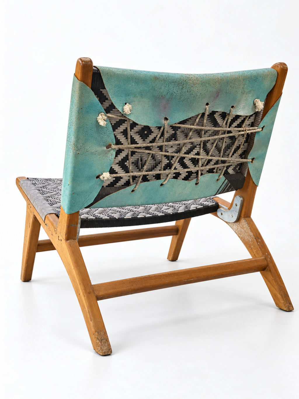 David Bromley Bird Chair 2 rear view showing the turquoise back, cord lacing and visible patina