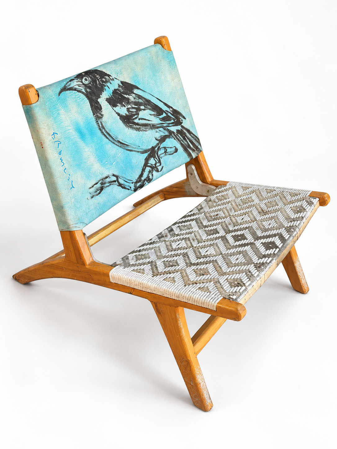 David Bromley Bird Chair angled view showing the timber frame, turquoise painted back and woven seat