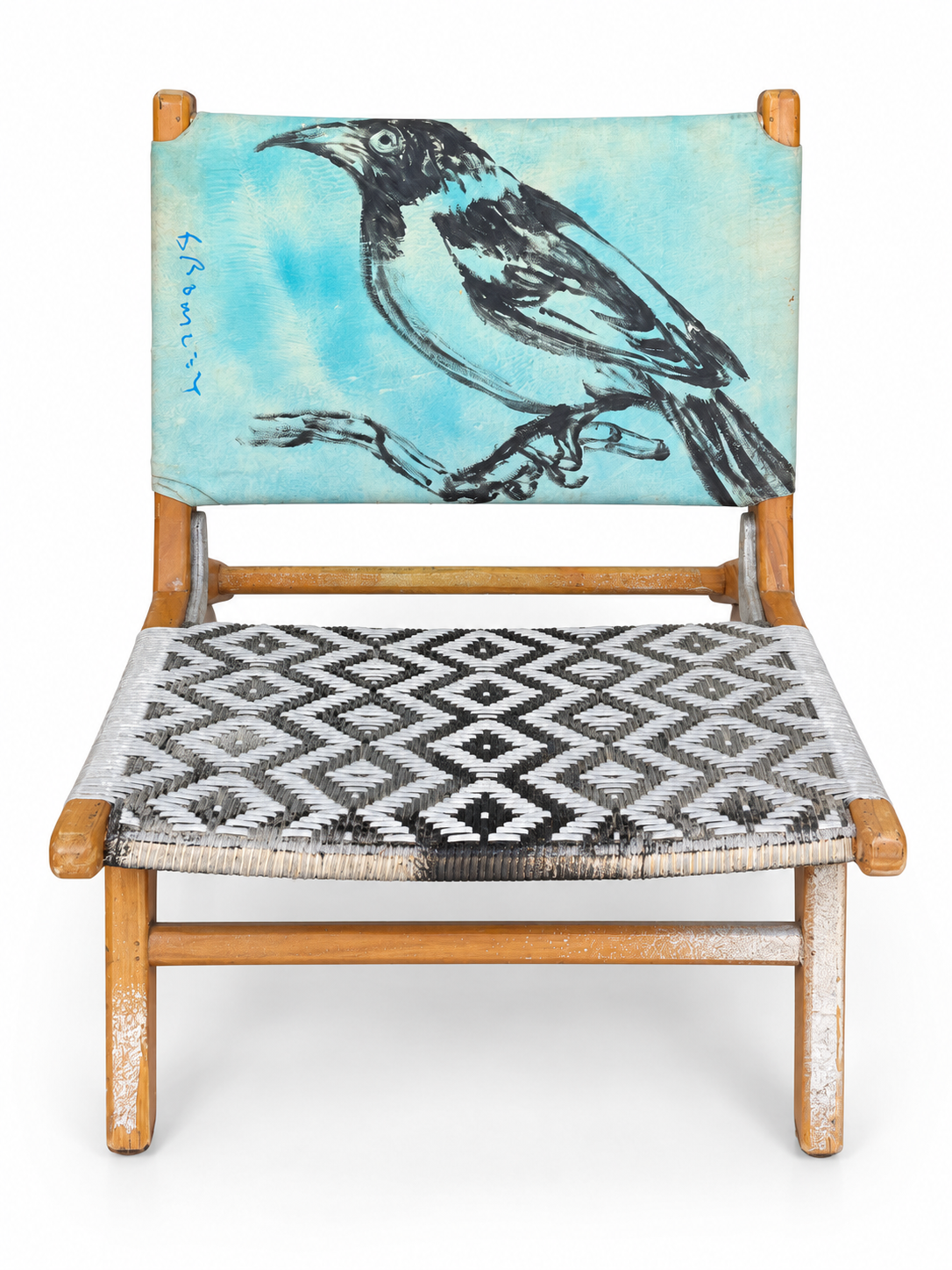 David Bromley Bird Chair front view with turquoise bird artwork and a geometric woven seat