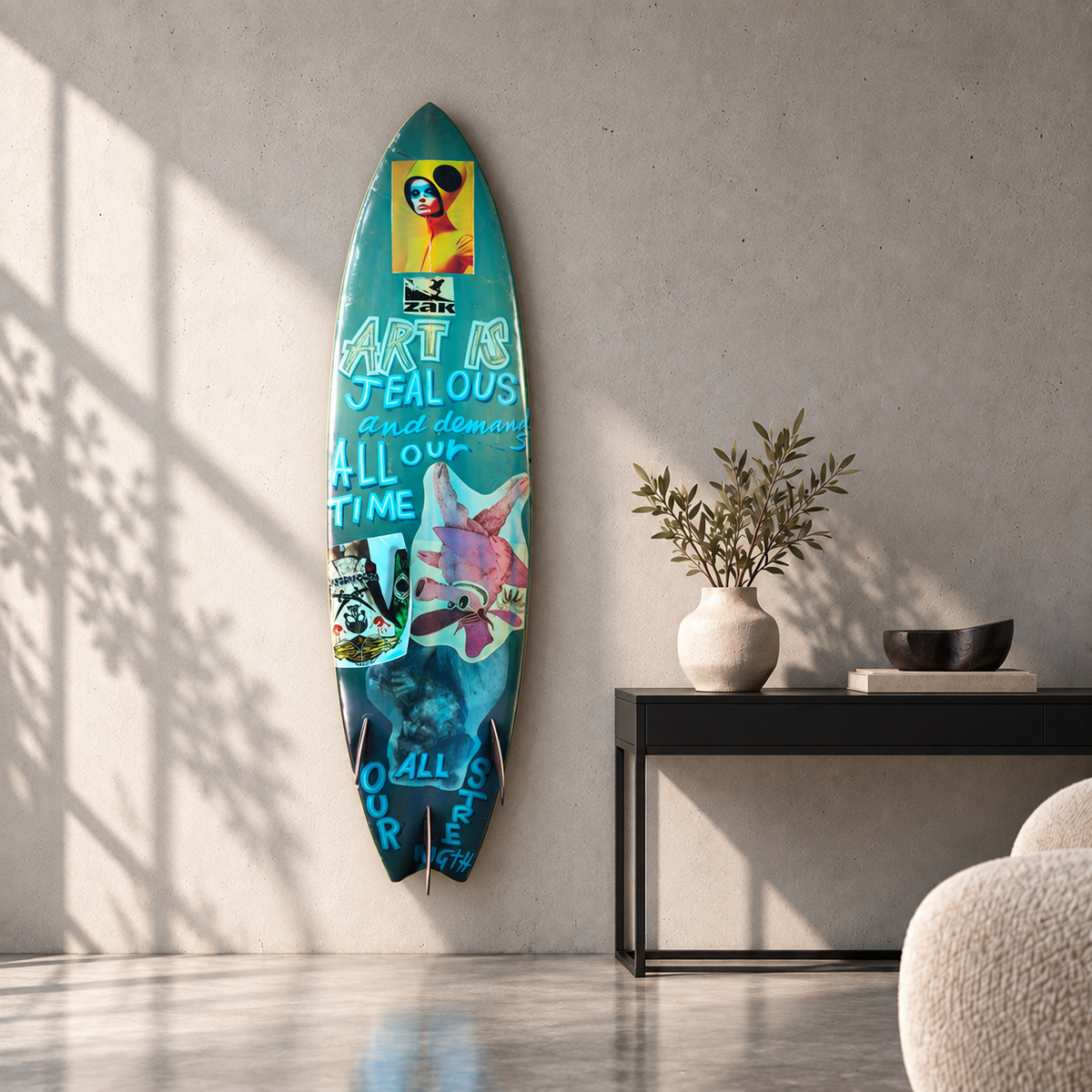 David Bromley - Blue Skulls Surfboard, side 1, displayed vertically in a concrete room