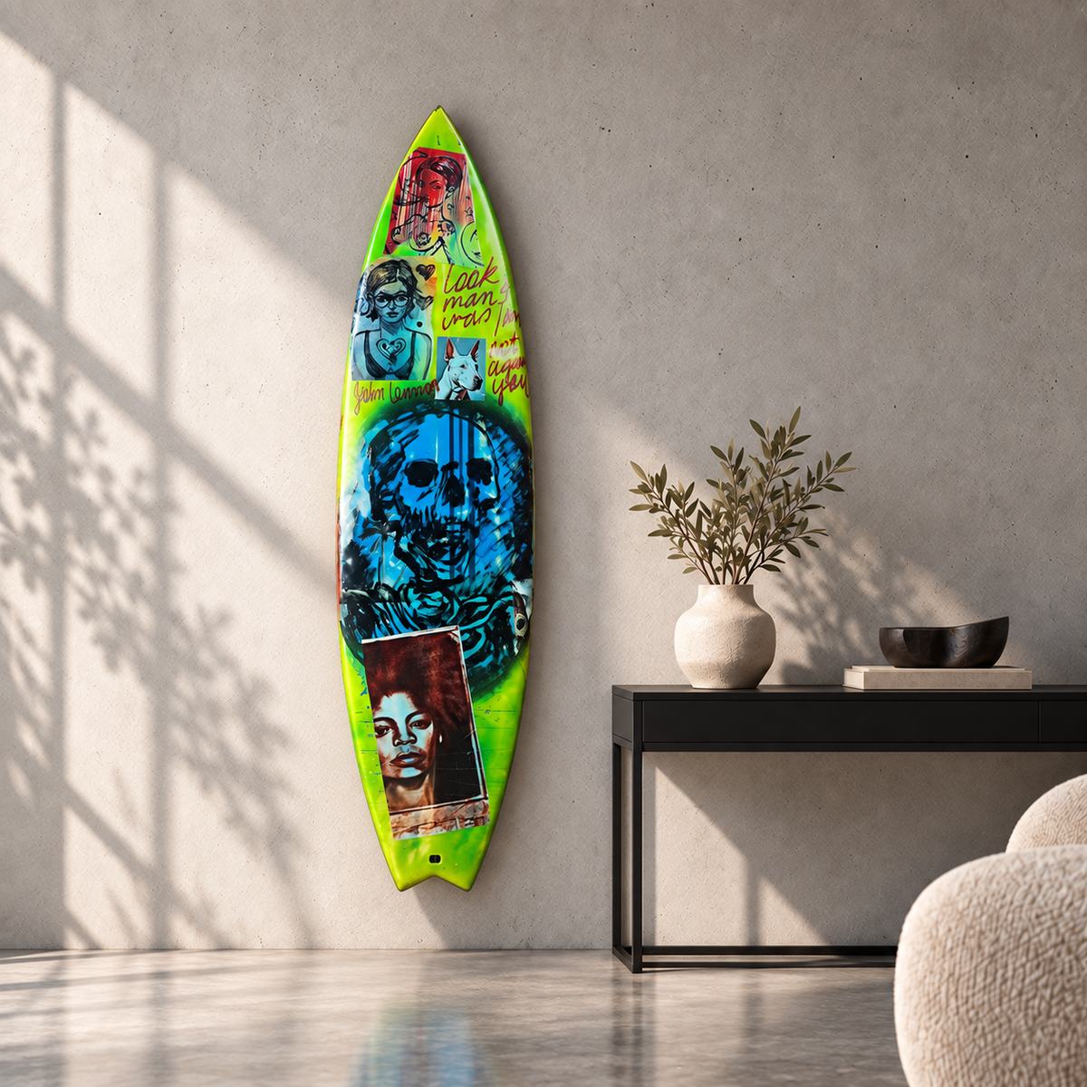 David Bromley - Blue Skulls Surfboard, side 2, displayed vertically in a concrete room
