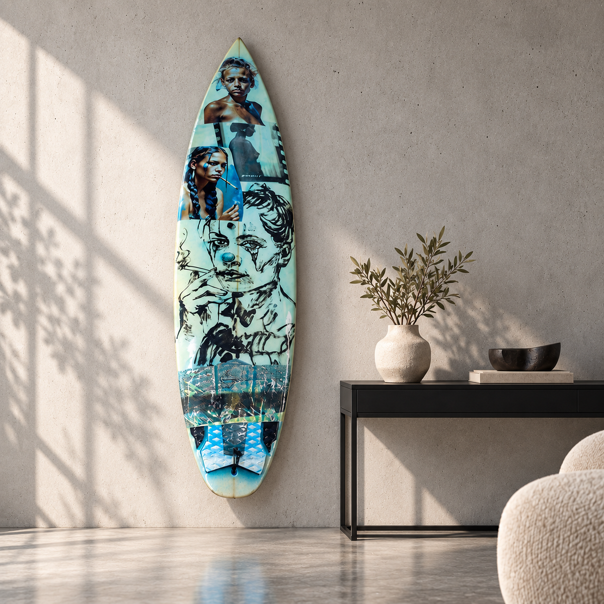 David Bromley Blue Surfboard displayed vertically beside a black console in a concrete room