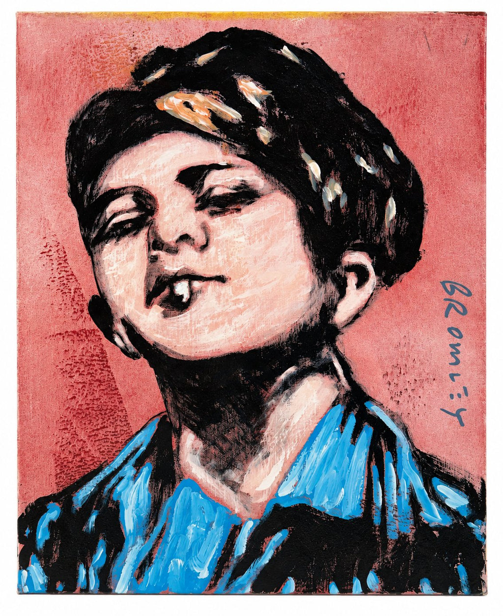 David Bromley - Boy In Blue, 54 × 66 cm, front view on white with a thin white border