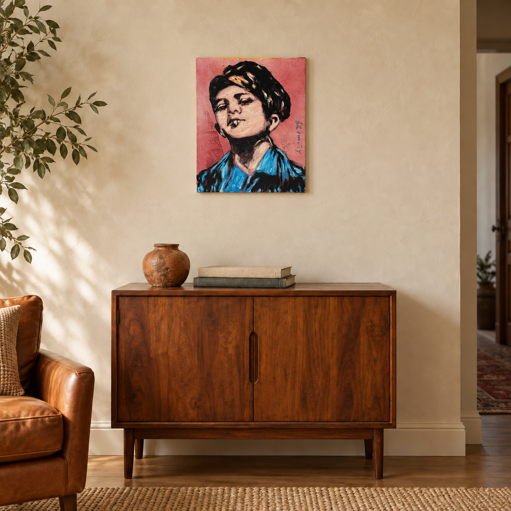 David Bromley - Boy In Blue, 54 × 66 cm artwork shown in an intimate Australian interior