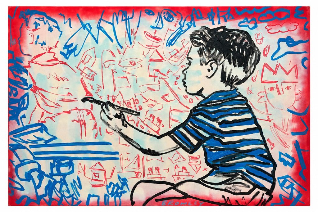 David Bromley - Boy Painting Dreams, 120 × 80 cm, front view on white with a thin white border