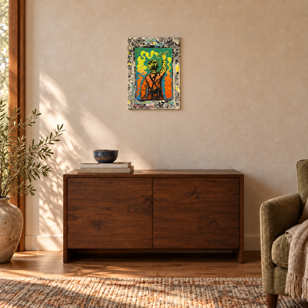 David Bromley - Boy Painting Yellow, 42 × 60 cm artwork shown in an intimate Australian interior