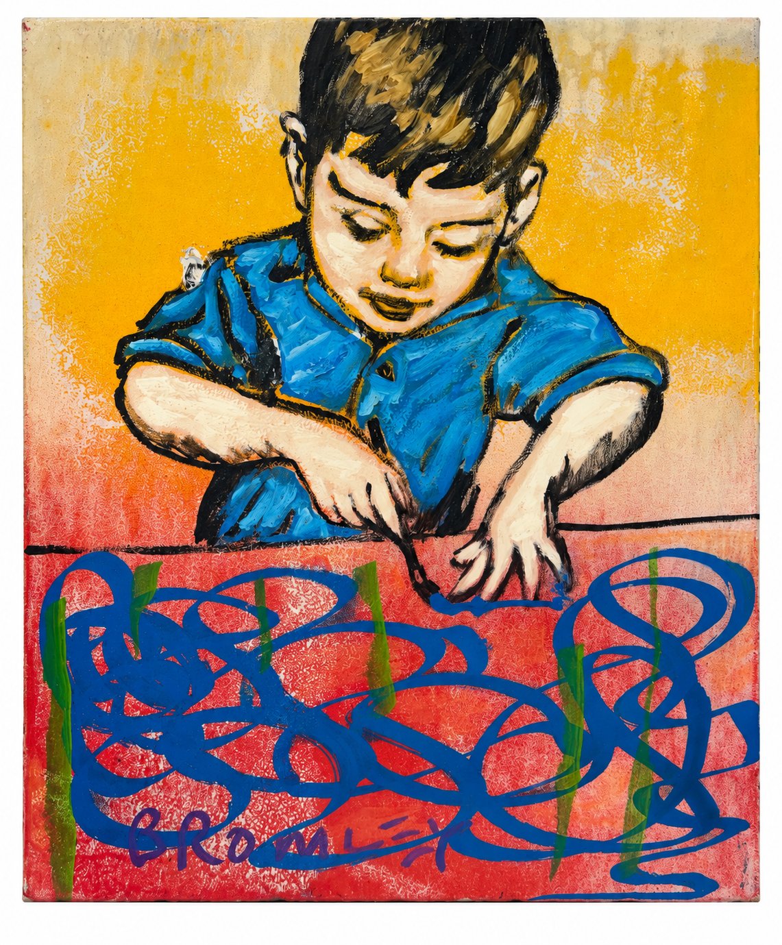 David Bromley - Boy With Blue Paint, 38 × 46 cm, front view on white with a thin white border