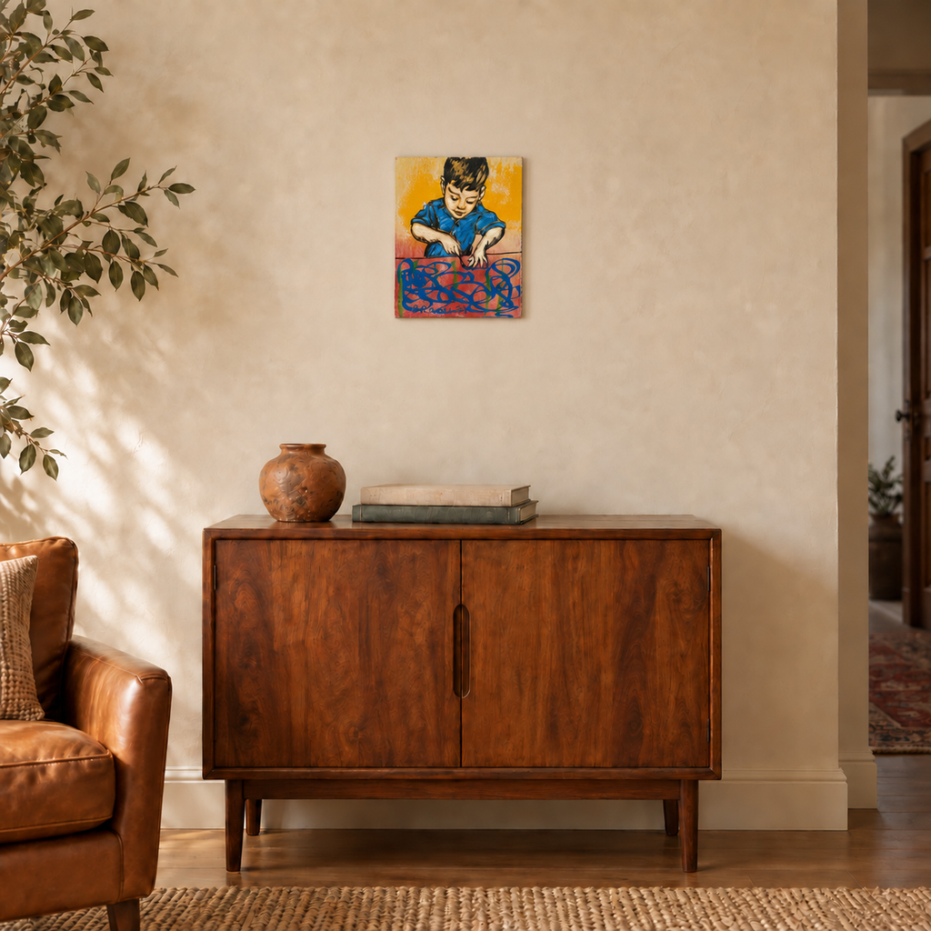 David Bromley - Boy With Blue Paint, 38 × 46 cm artwork shown in an intimate Australian interior