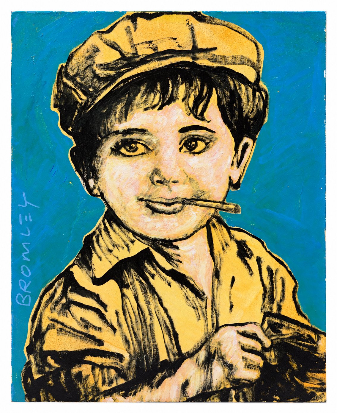 David Bromley - Boy With Yellow Cap, 54 × 66 cm, front view on white with a thin white border