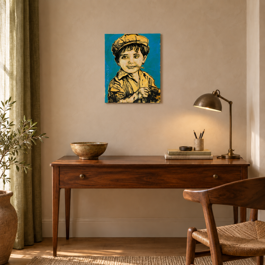 David Bromley - Boy With Yellow Cap, 54 × 66 cm artwork shown in an intimate Australian interior