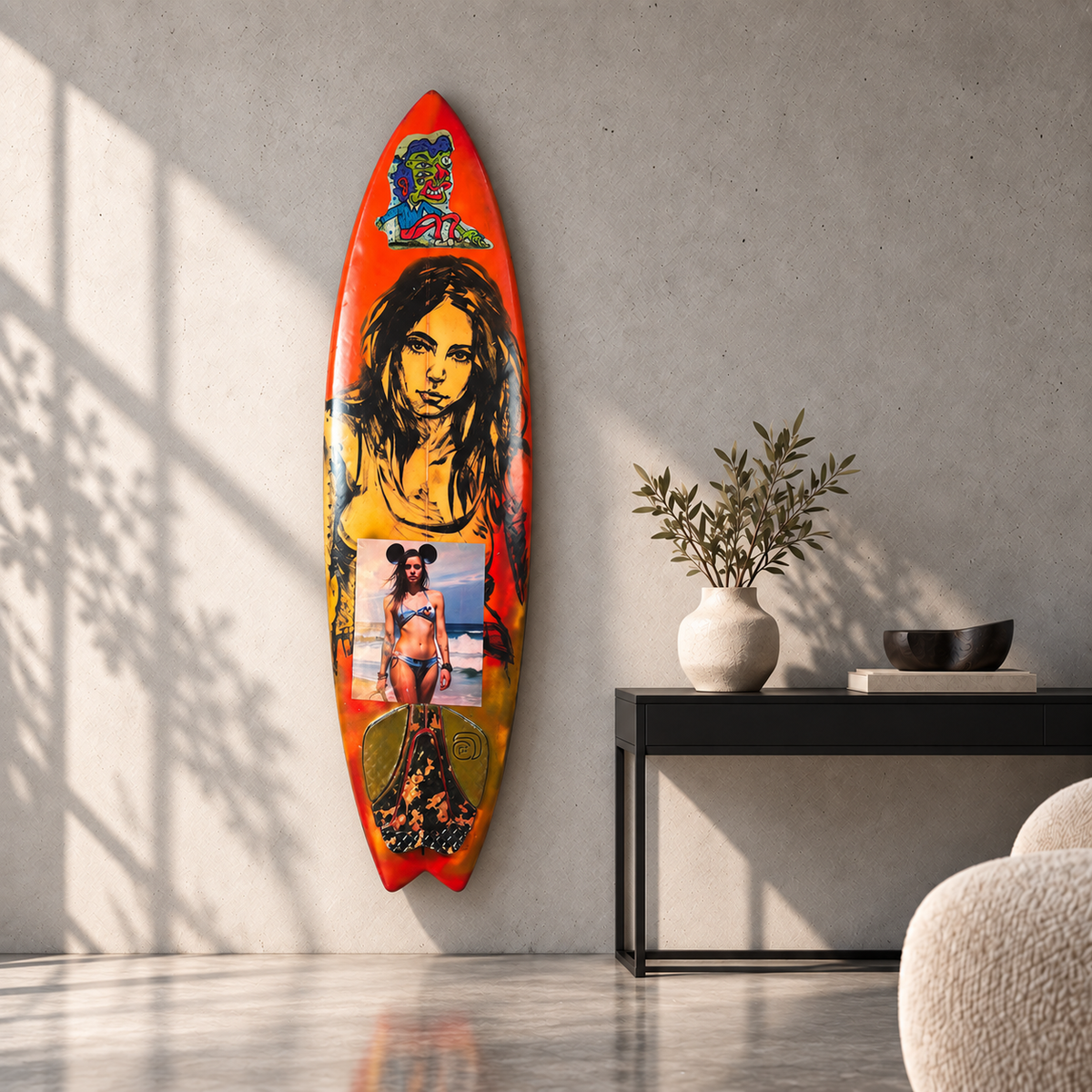 David Bromley - Danger Surfboard, side 1, displayed vertically in a concrete room