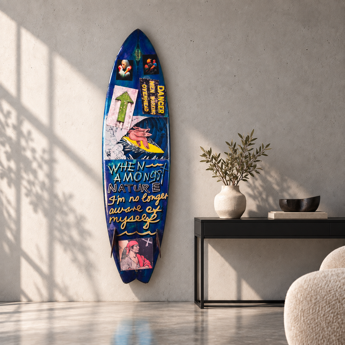 David Bromley - Danger Surfboard, side 2, displayed vertically in a concrete room
