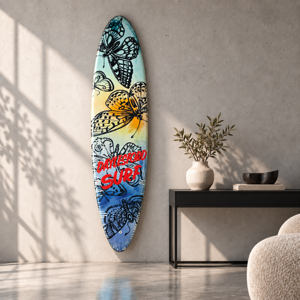 David Bromley - Daylesford Surf Surfboard, side 1, displayed vertically in a concrete room