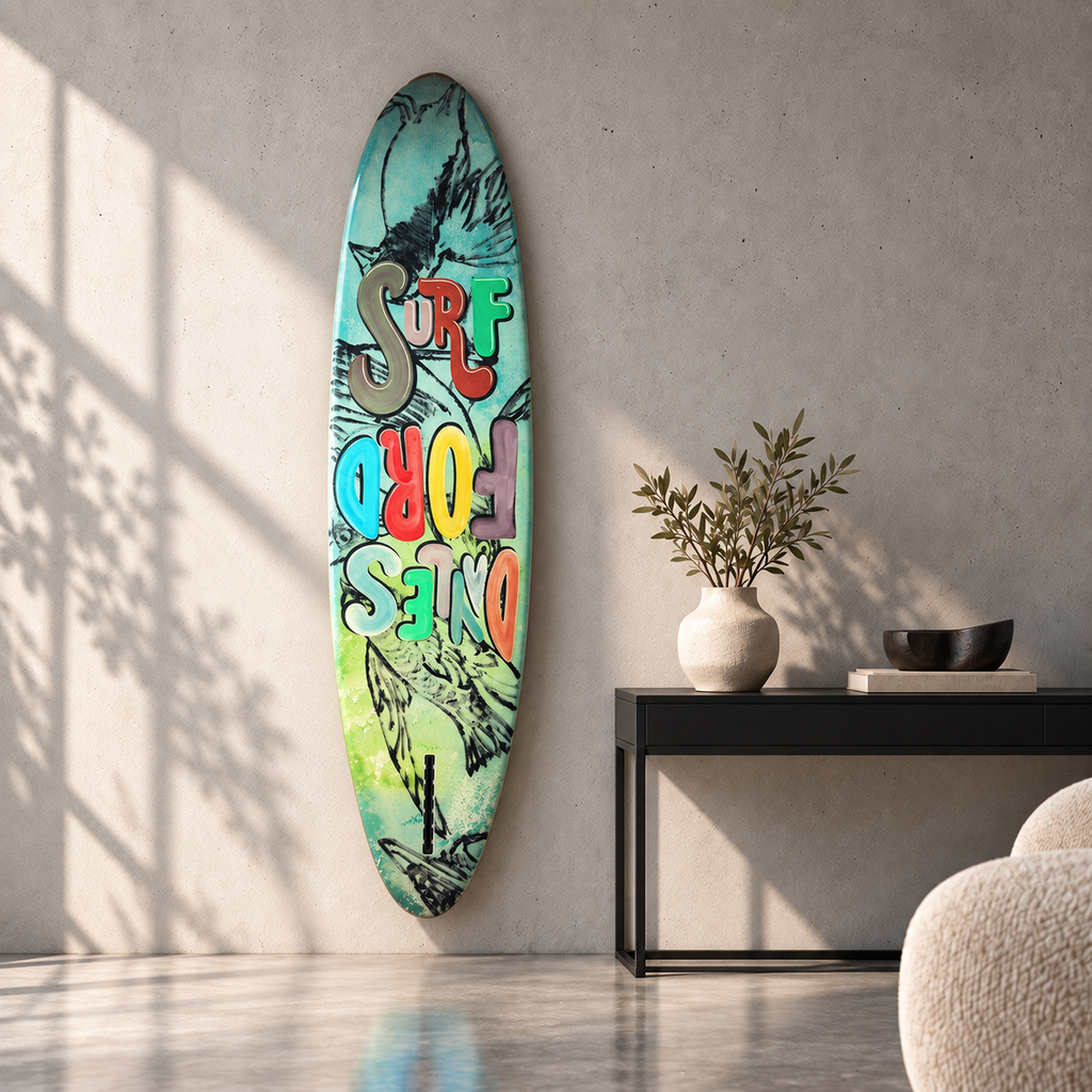 David Bromley - Daylesford Surf Surfboard, side 2, displayed vertically in a concrete room