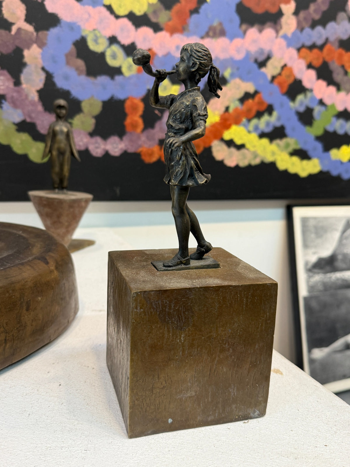 David Bromley - Girl Brass Sculpture, 27 × 10 cm, original gallery setting