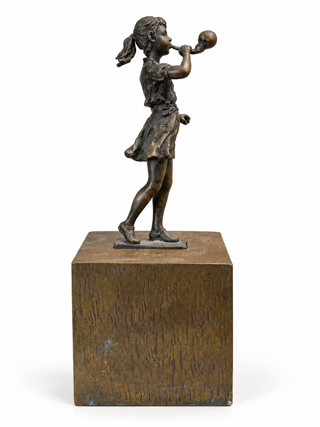 David Bromley - Girl Brass Sculpture, 27 × 10 cm, side view on white