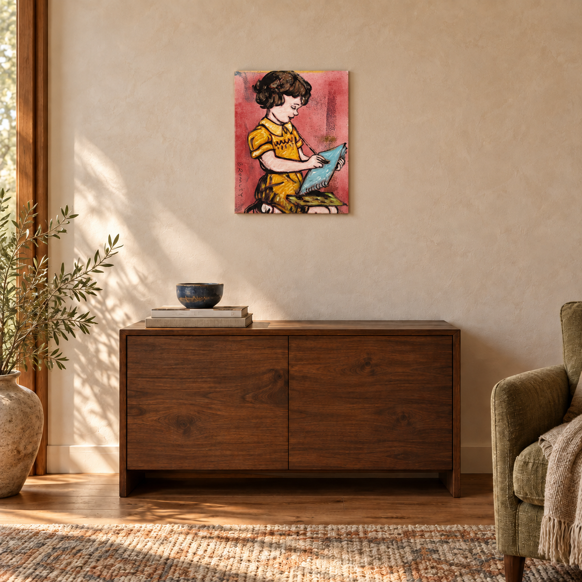 David Bromley - Girl Painting, 54 × 66 cm artwork shown in an intimate Australian interior