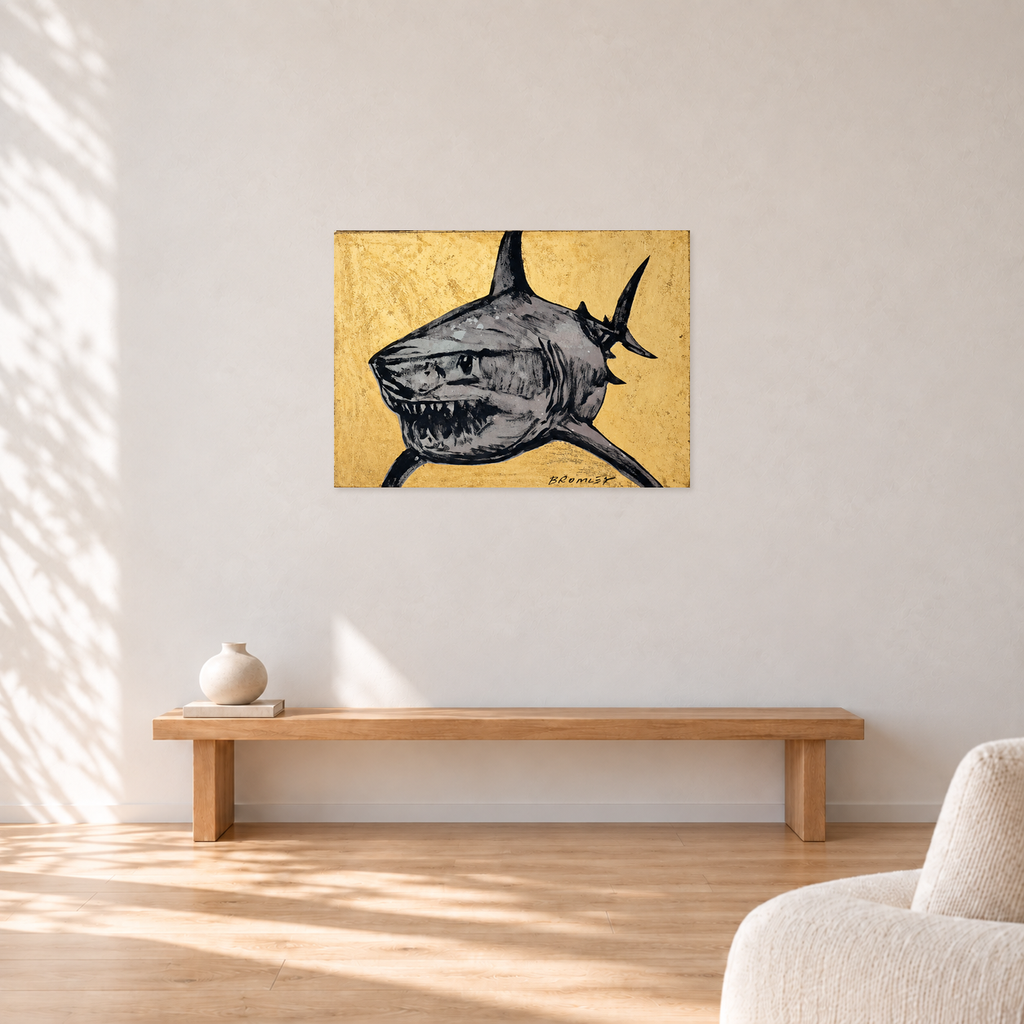 David Bromley - GOLDEN SHARK, 90 cm wide by 65 cm high, displayed to scale above an oak bench in a neutral room