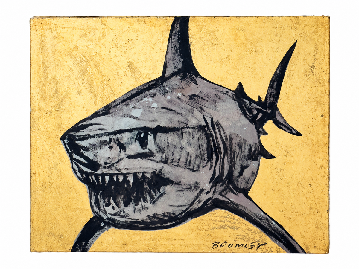 Golden Shark by David Bromley — complete gold leaf and shark painting on a white background