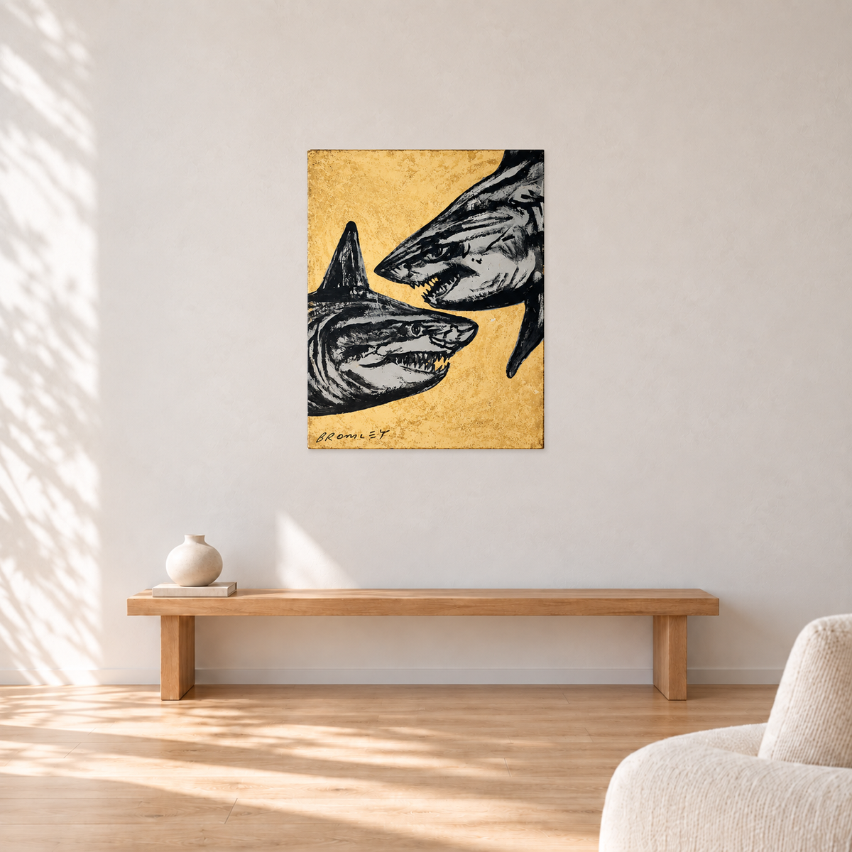 David Bromley - GOLDEN SHARKS, 72 cm wide by 91 cm high, displayed to scale above an oak bench in a neutral room