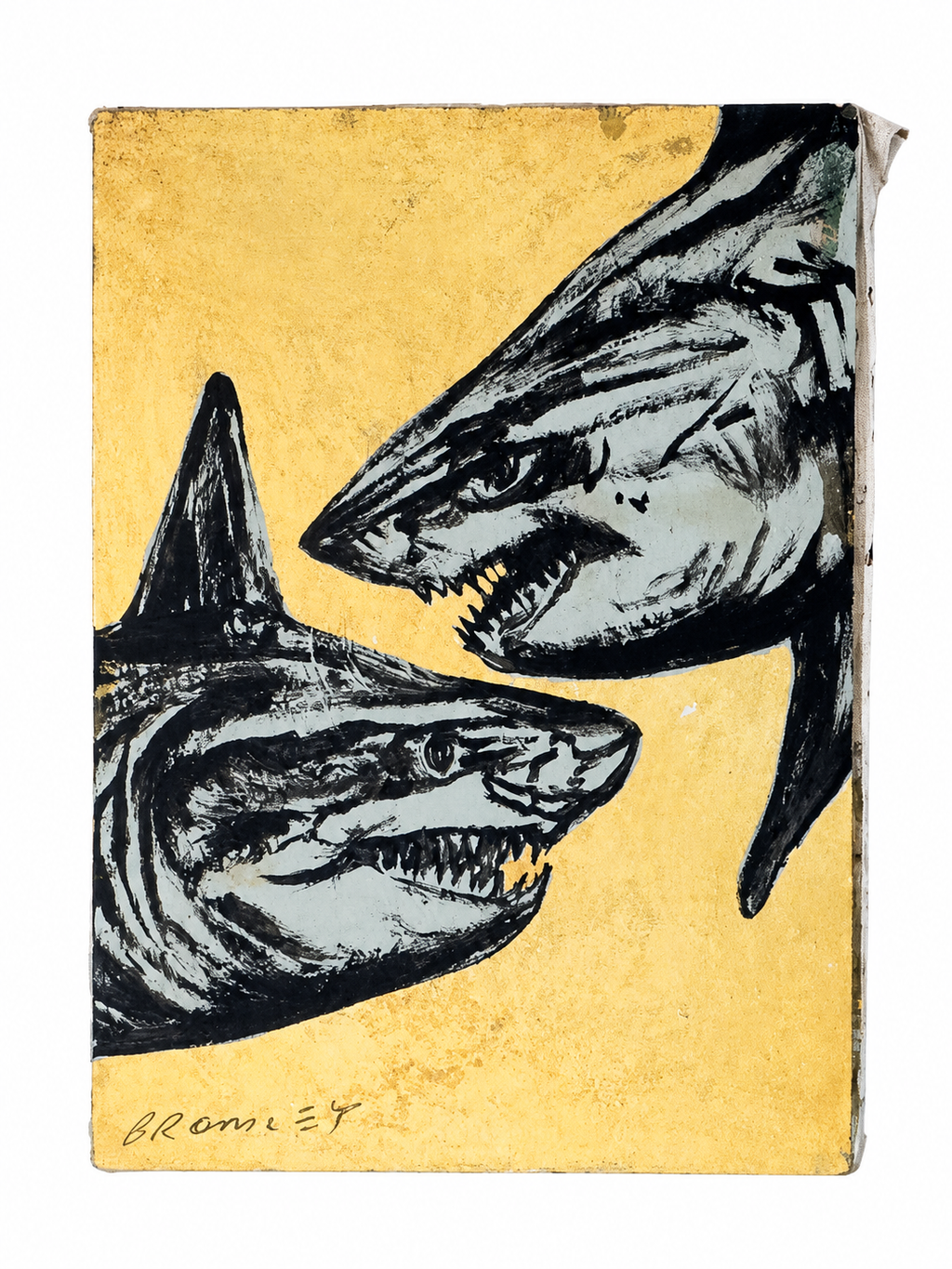 Golden Sharks by David Bromley — complete two-shark gold leaf painting on a white background