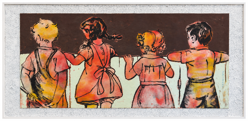 David Bromley - Kids over the Fence, 253 × 124 cm, front artwork view on white
