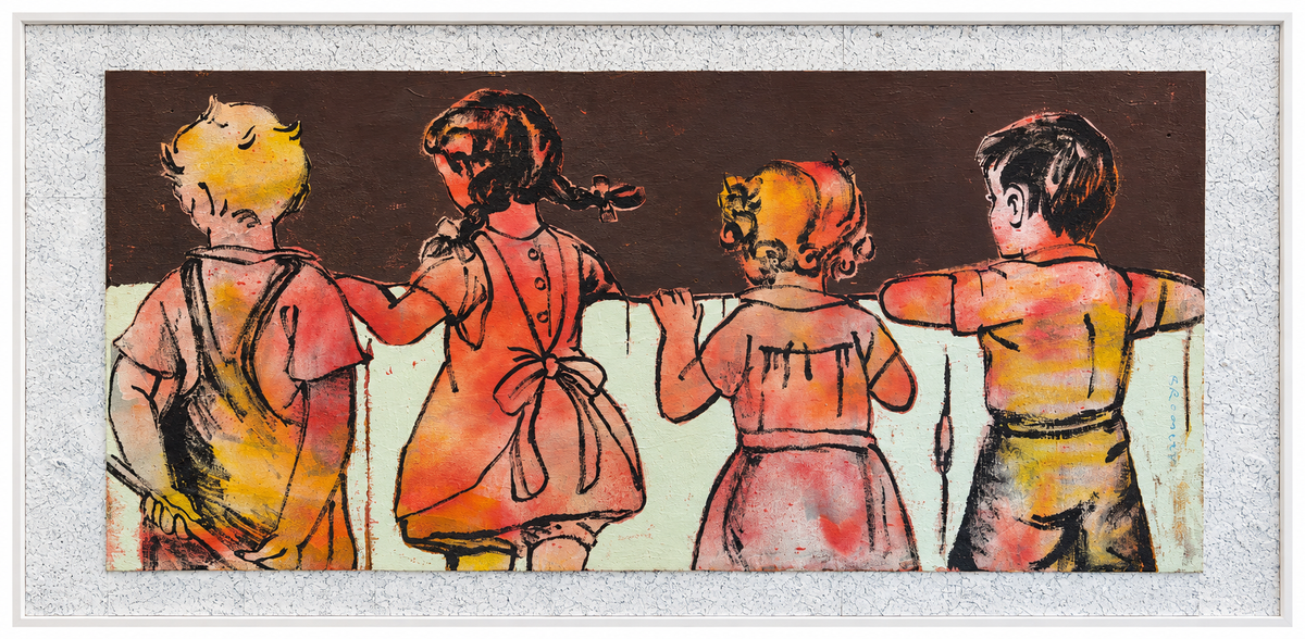 David Bromley - Kids over the Fence, 253 × 124 cm, front artwork view on white